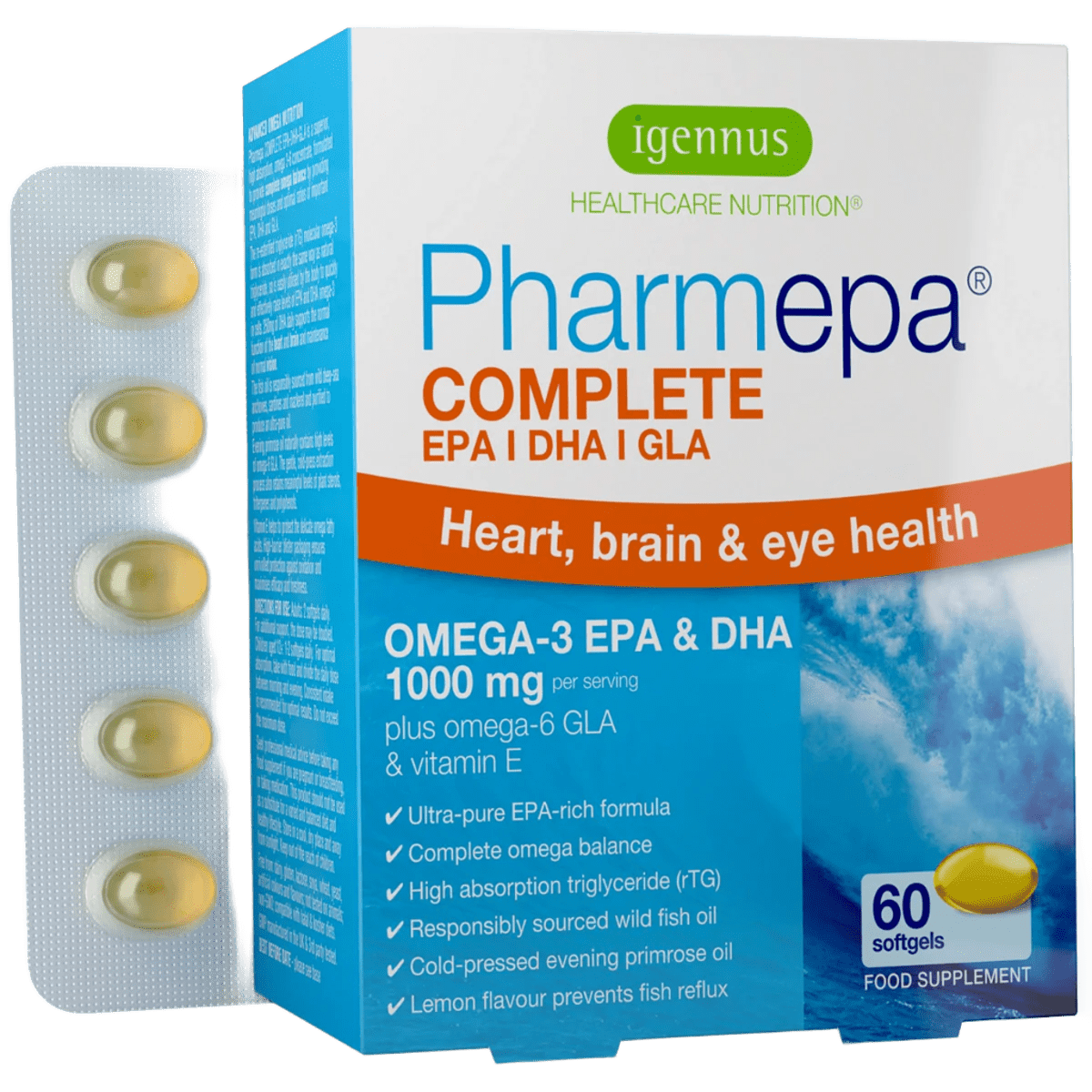 Pharmepa COMPLETE - 1000mg EPA & DHA Omega-3 plus Omega-6 GLA, 1-Month Supply, 60 Softgels