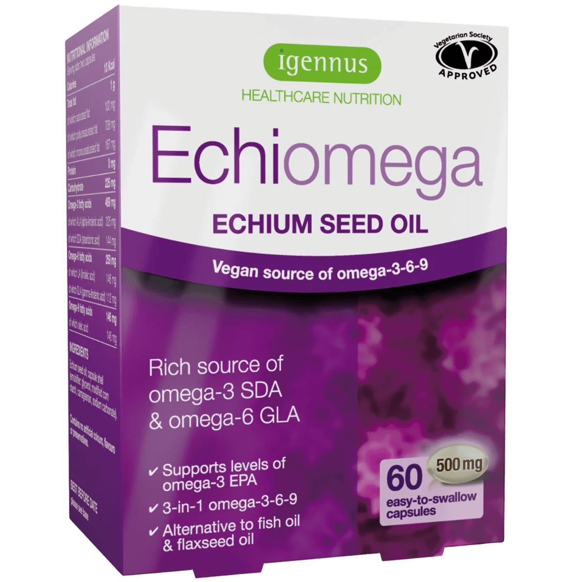 Echiomega Echium Seed Oil 500mg, Vegan Omega-3-6-9, 60 Softgels