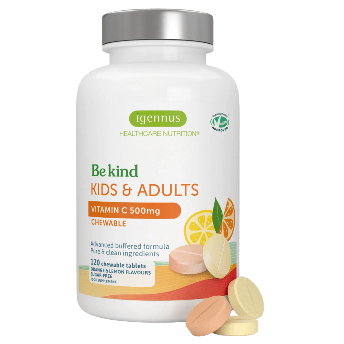 Vitamin C Sugar-Free Chewable 500mg, Kids & Adults, Orange and Lemon Flavours, 120 Tablets