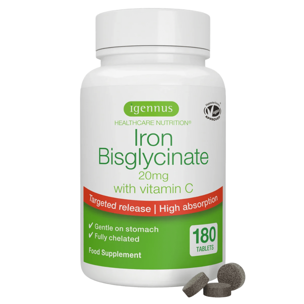 Iron Bisglycinate 20mg with Vitamin C, High Absorption & Gentle Iron, Targeted Release, One-a-day, Vegan, 180 Tablets