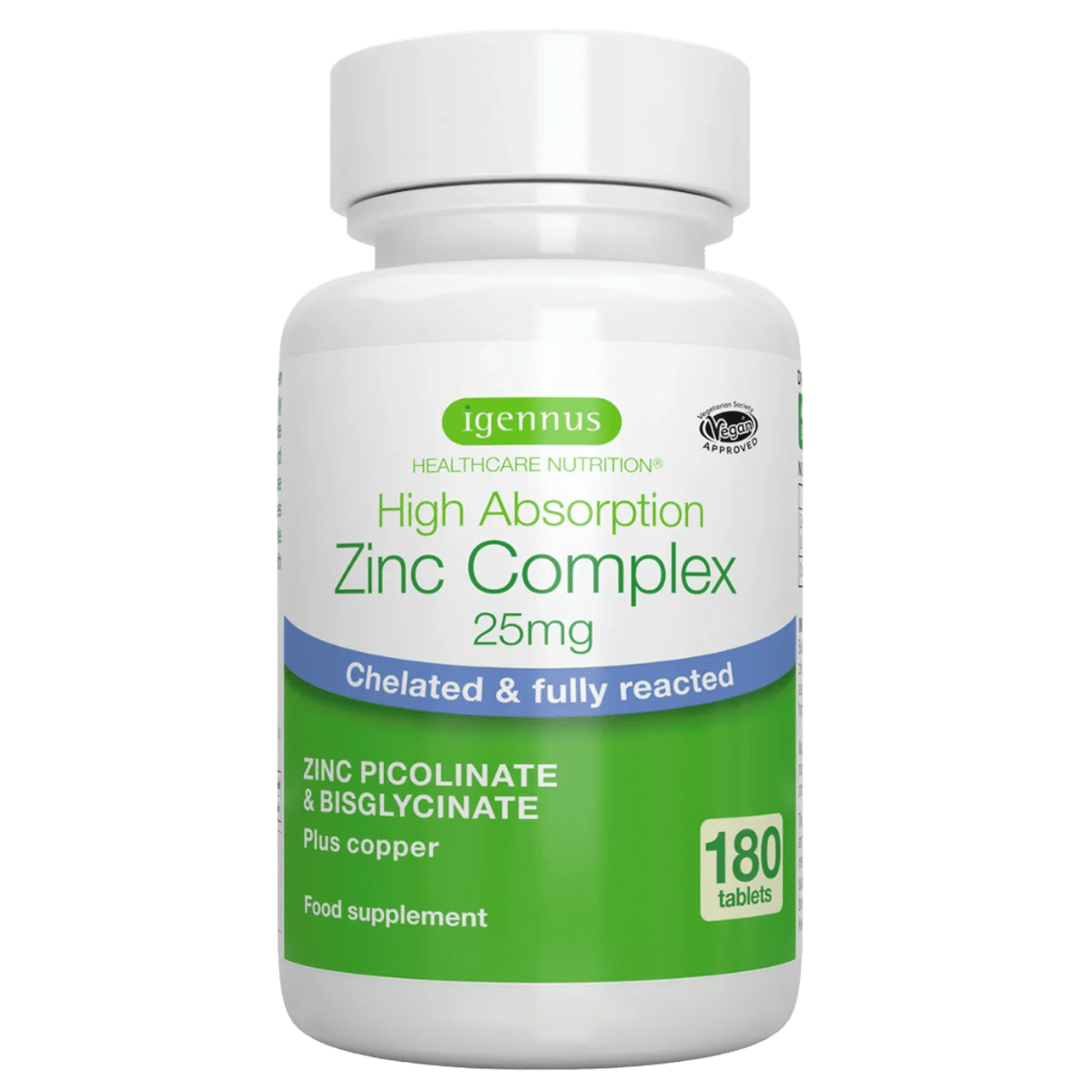 High Absorption Zinc Complex 25mg with Copper, Chelated Zinc Picolinate & Bisglycinate