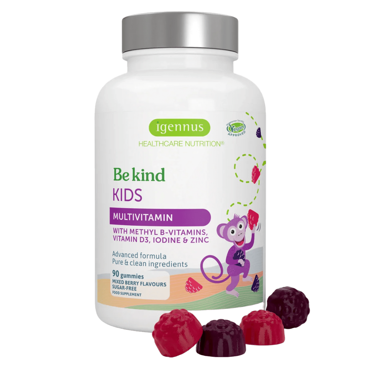 Kids Multivitamin with Methylated B-Vitamins, Iodine & Zinc, Clean & Sugar-Free, for Children aged 4+, 90 Gummies