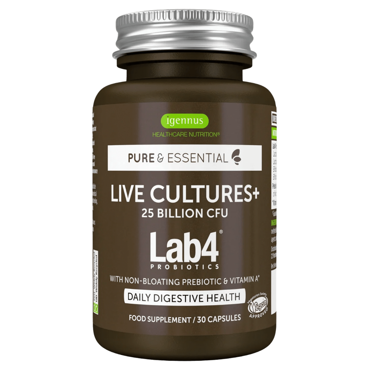 Live Cultures+ Lab4 Probiotics & Non-bloating Prebiotic, Lactobacillus & Bifidobacterium, 30 Capsules