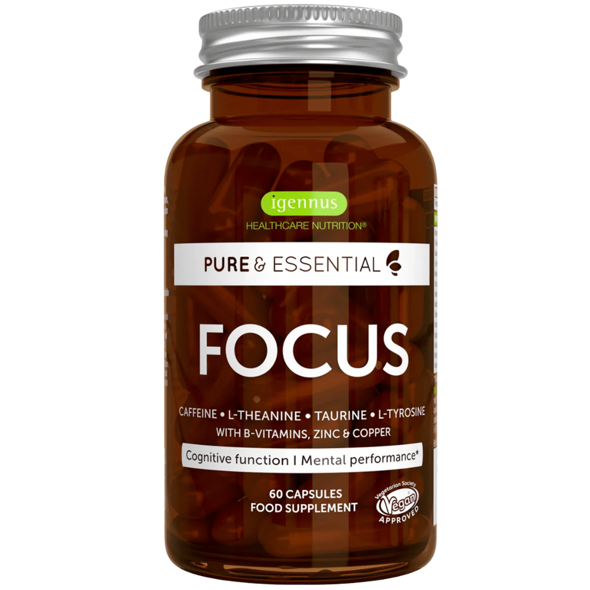 Focus - with Caffeine, Brain Boosting Amino Acids, B-vitamins, Zinc & Copper - 60 Capsules
