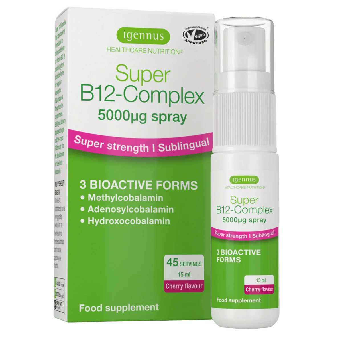 Super B12-Complex 5000mcg Sublingual Spray, Methylated Vitamin B12 as Methylcobalamin, Sugar-Free & Natural Cherry Flavour, Vegan