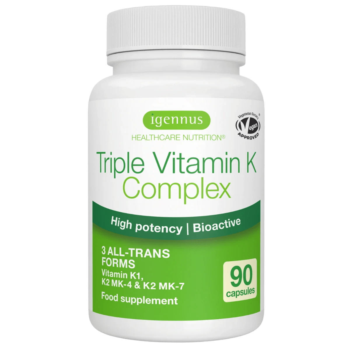 Triple Vitamin K Complex 2700 mcg, High Strength Vitamin K1 & K2 (MK-4 & MK-7), Bioactive Natural Forms, Clean Label, Vegan, 90 Capsules