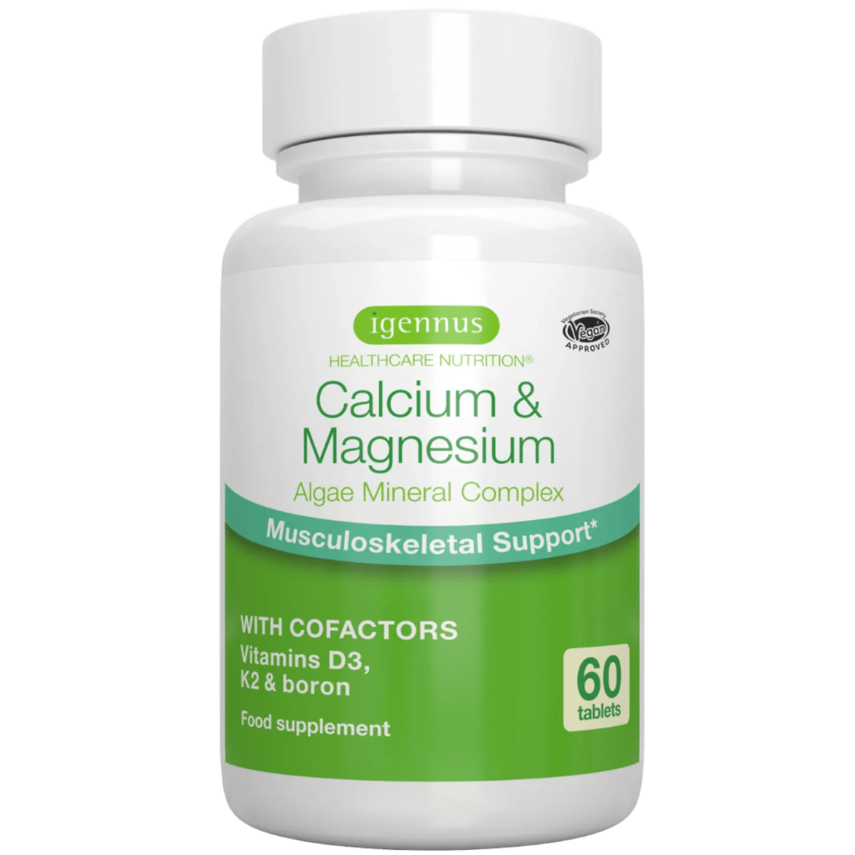 Calcium & Magnesium, High Absorption Algae Mineral Complex, Vitamin D3, K2 & Boron, Vegan, 60 Tablets