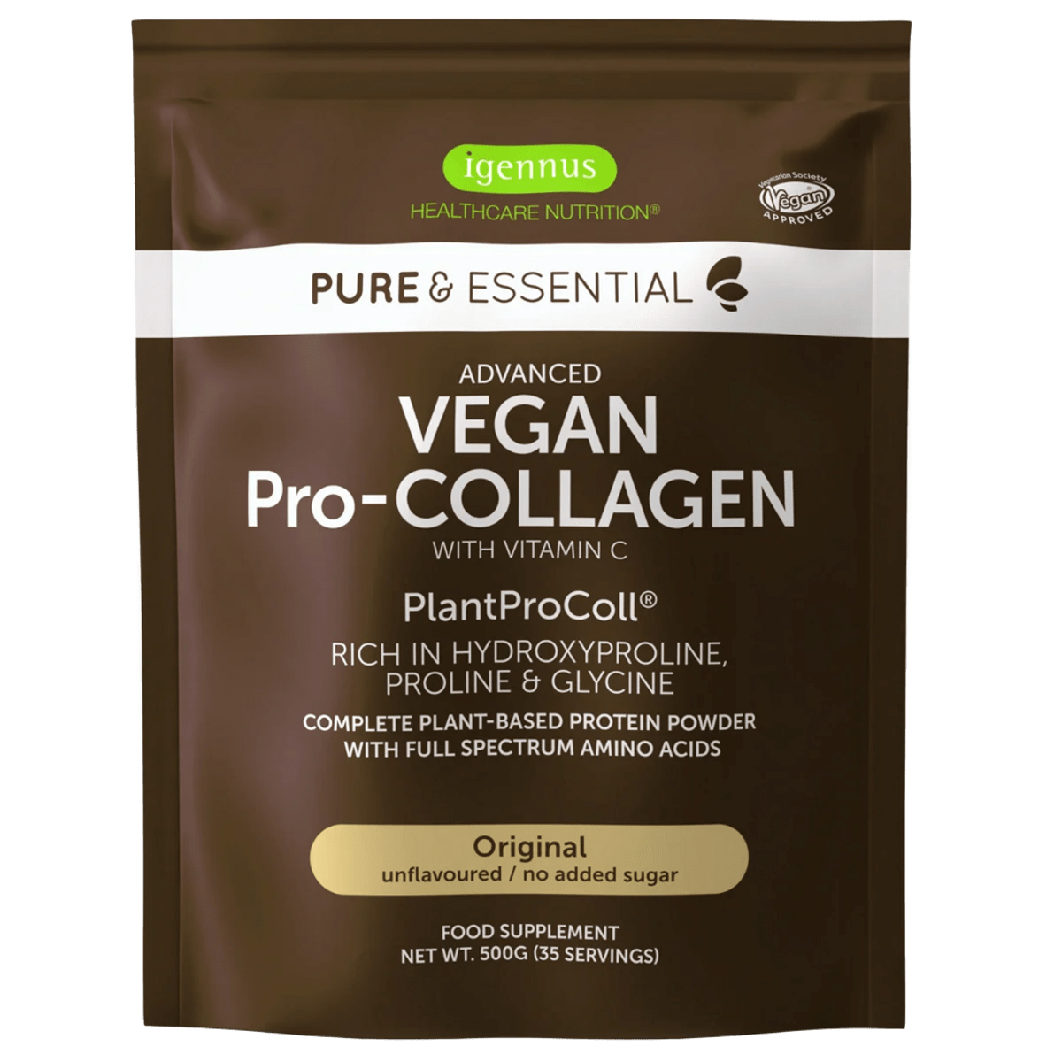 Vegan Pro-Collagen Protein Powder, Enhanced with Glycine, Proline & Hydroxyproline & Vitamin C, Original or Light Vanilla Flavour, 35 Servings