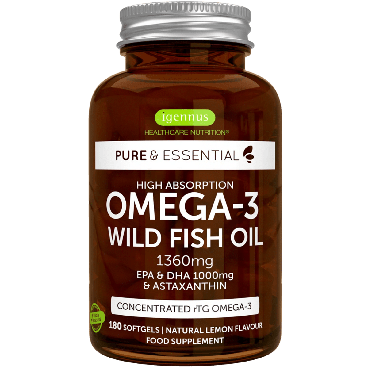 High absorption Omega-3 Wild Fish Oil, 1000mg EPA & DHA rTG Triglyceride and Astaxanthin, 180 Softgels