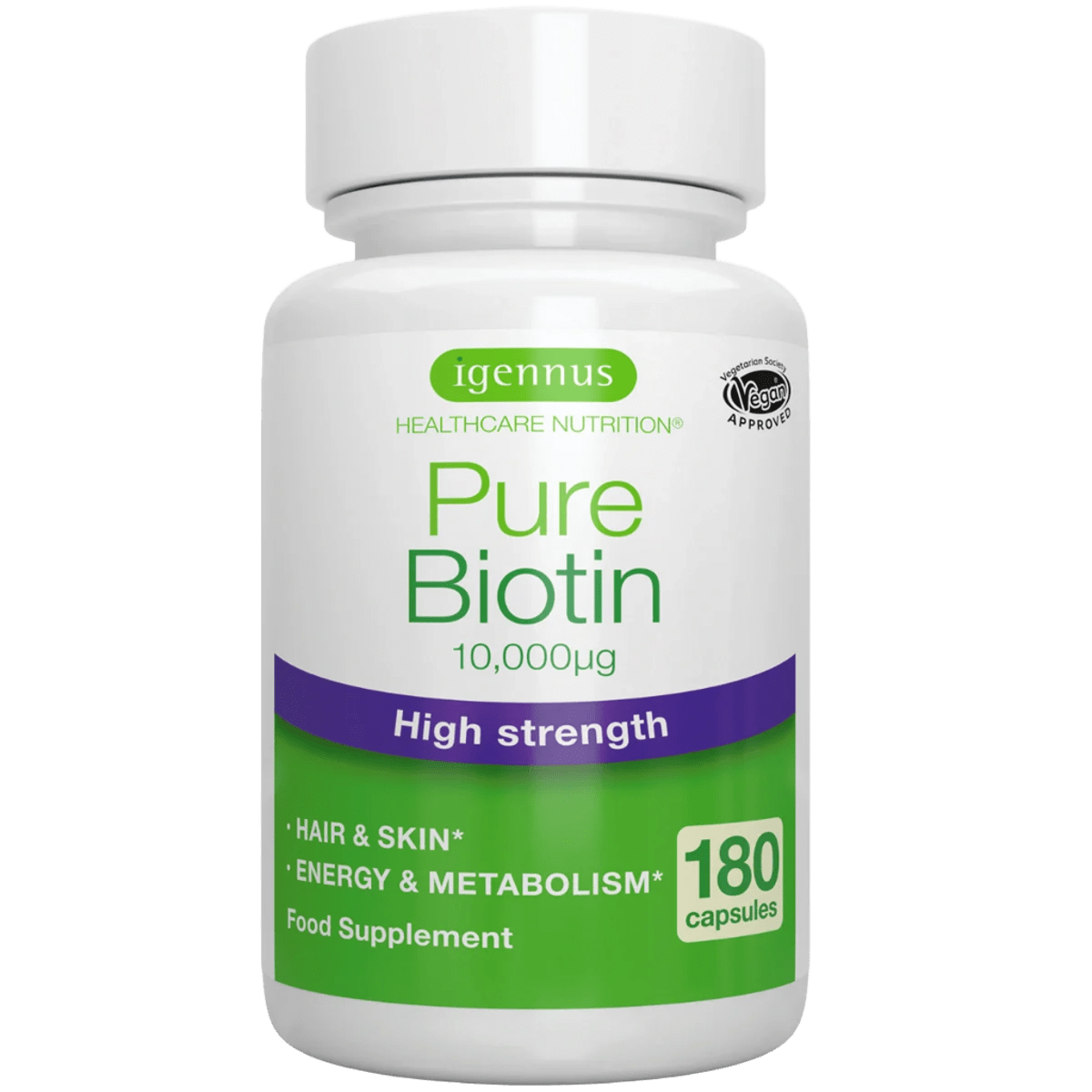 Pure Biotin 10,000mcg, High Strength, Hair, Nails & Skin, Energy & Metabolism, 180 Capsules