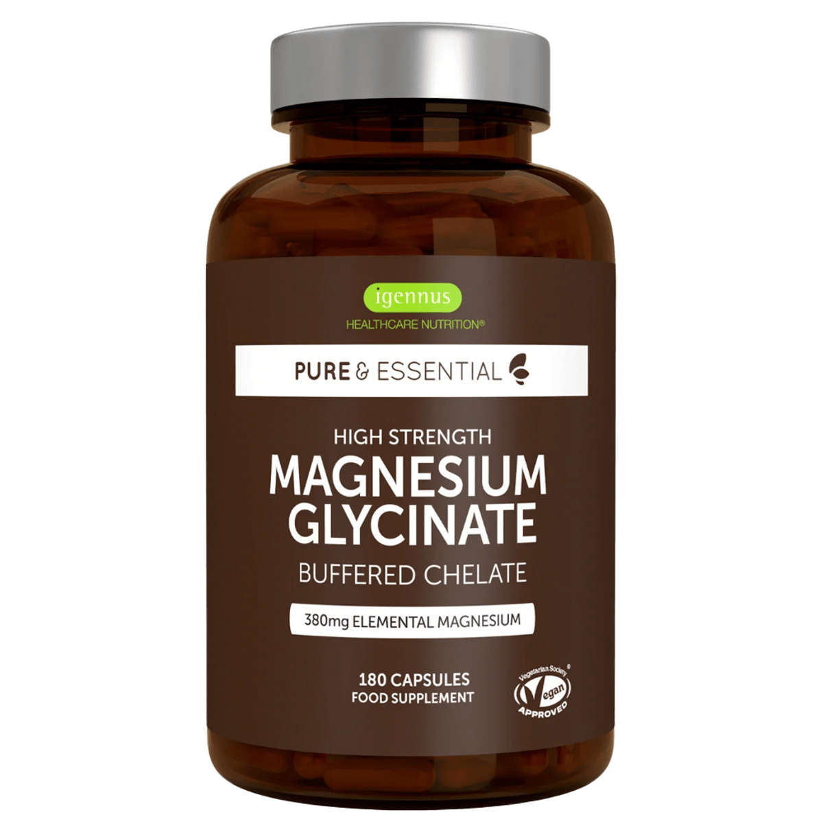 High Strength Magnesium Glycinate Buffered Chelate, 380mg Elemental from 1300mg Bulk, Vegan, 180 Capsules