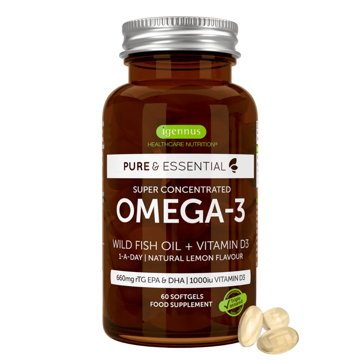 Super Concentrated Omega-3 Wild Fish Oil & Vitamin D, 660mg rTG Triglyceride EPA & DHA & 1000iu D3, 1-a-day, 60-180 Softgels